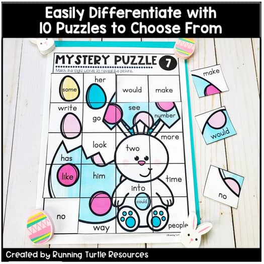 Easter Sight Word Mystery Puzzles, April Word Work, Kindergarten and 1st Grade