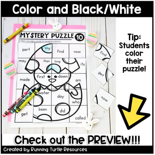 Easter Sight Word Mystery Puzzles, April Word Work, Kindergarten and 1st Grade
