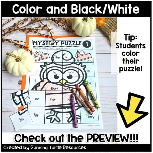 Thanksgiving Sight Word Mystery Puzzles Frys First 100 Words