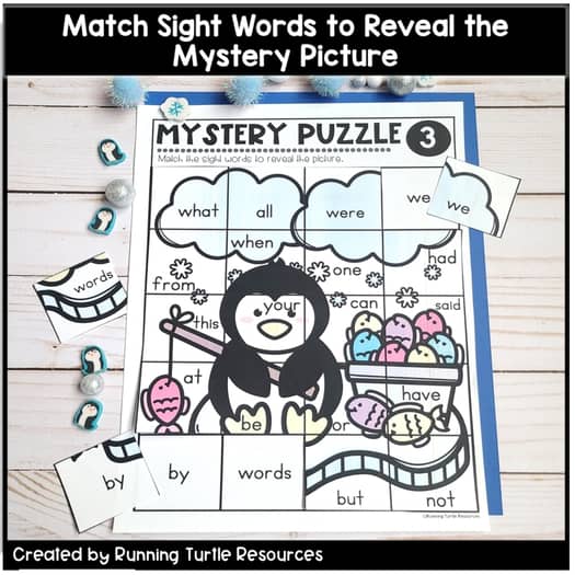 Winter Mystery Puzzles, 1st Grade and Kindergarten Sight Word Puzzles, January