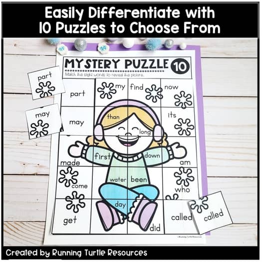 Winter Mystery Puzzles, 1st Grade and Kindergarten Sight Word Puzzles, January