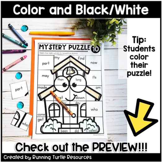 Back to School Mystery Puzzles, 1st Grade Beginning of the Year Sight Words