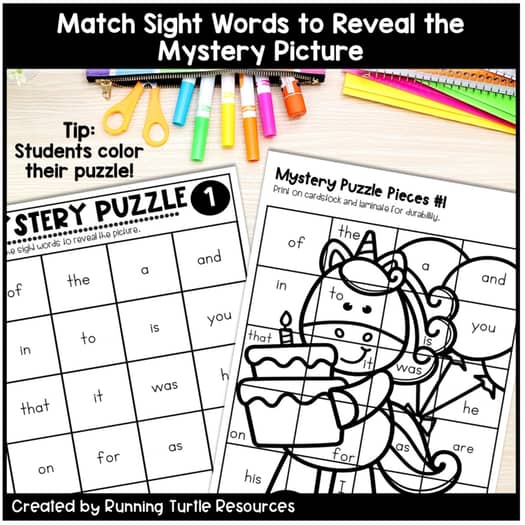 Free Mystery Puzzle, Kindergarten and 1st Grade Sight Word Puzzle Freebie