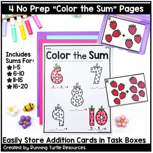 Summer Addition Strawberry Count and Color Kindergarten Math