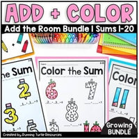 Promotional image for a educational product called 'Add + Color', featuring colorful graphical elements like numbers, a pencil, and paper, indicating a kindergarten-level math activity.