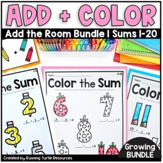Promotional image for a educational product called 'Add + Color', featuring colorful graphical elements like numbers, a pencil, and paper, indicating a kindergarten-level math activity.