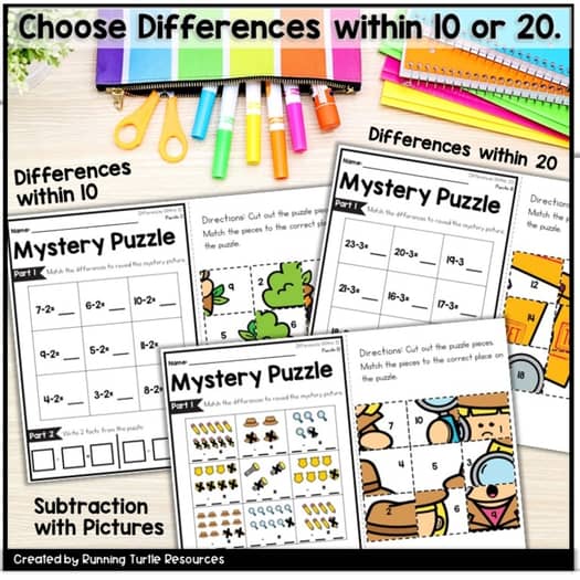 Subtraction Mystery Puzzles Kindergarten Math Worksheets