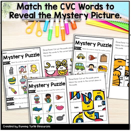 CVC Words Mystery Picture Puzzle Kindergarten Phonics