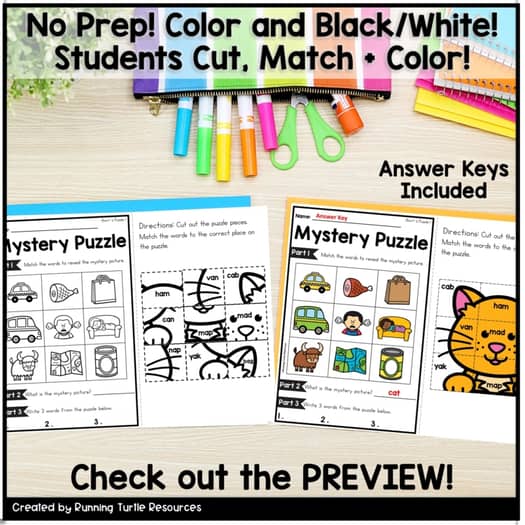 CVC Words Mystery Picture Puzzle Kindergarten Phonics