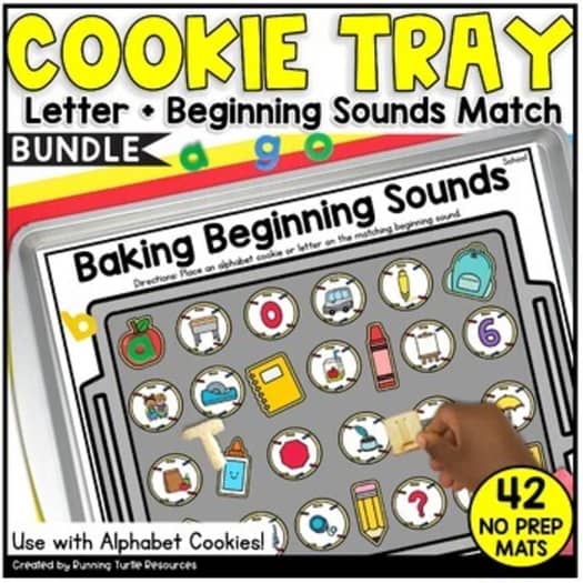 A promotional image for the Cookie Tray Letter, Beginning Sounds Match Bundle, showing a cookie tray with letter and sound matching cards, and a graphic indicating the bundle includes 42 no-prep activities.
