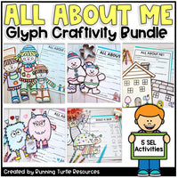 Collage of 'All About Me' glyph craftivity bundle with children's activities and a child holding a sign with '5 SEL Activities'.