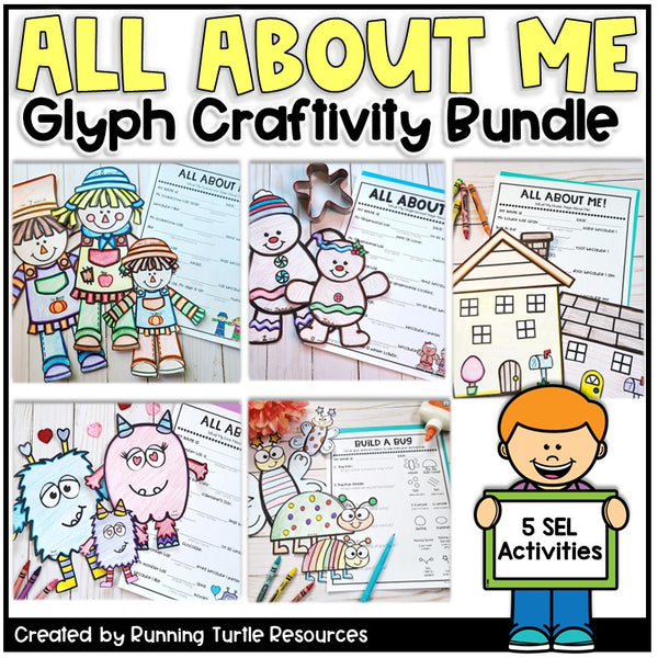 Collage of 'All About Me' glyph craftivity bundle with children's activities and a child holding a sign with '5 SEL Activities'.