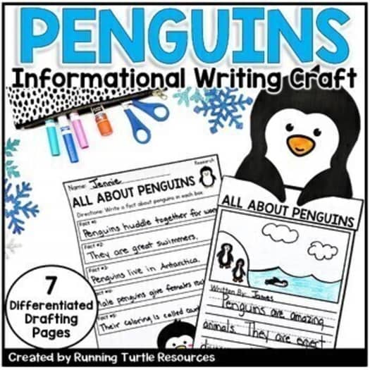 Promotional Image for an All About Penguins Writing Craft in which students use writing templates to write and draw facts about penguins