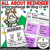 A promotional image for an 'All About Reindeer Informational Writing Craft' bulletin board activity, featuring cartoon reindeer and a variety of writing prompts and templates.