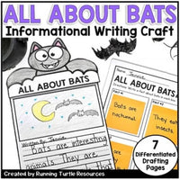 A promotional image for 'All About Bats Informational Writing Craft' featuring a cartoon bat with a moon and stars background, along with various writing and drawing templates related to bats.