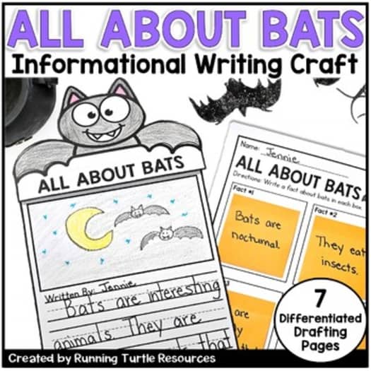 A promotional image for 'All About Bats Informational Writing Craft' featuring a cartoon bat with a moon and stars background, along with various writing and drawing templates related to bats.