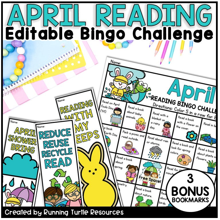 April Reading Bingo Challenge with colorful design and text