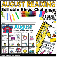 Promotional August Reading Bingo Challenge Board and bonus bookmarks for Kindergarten and 1st grade students.