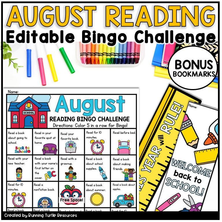 Promotional August Reading Bingo Challenge Board and bonus bookmarks for Kindergarten and 1st grade students.