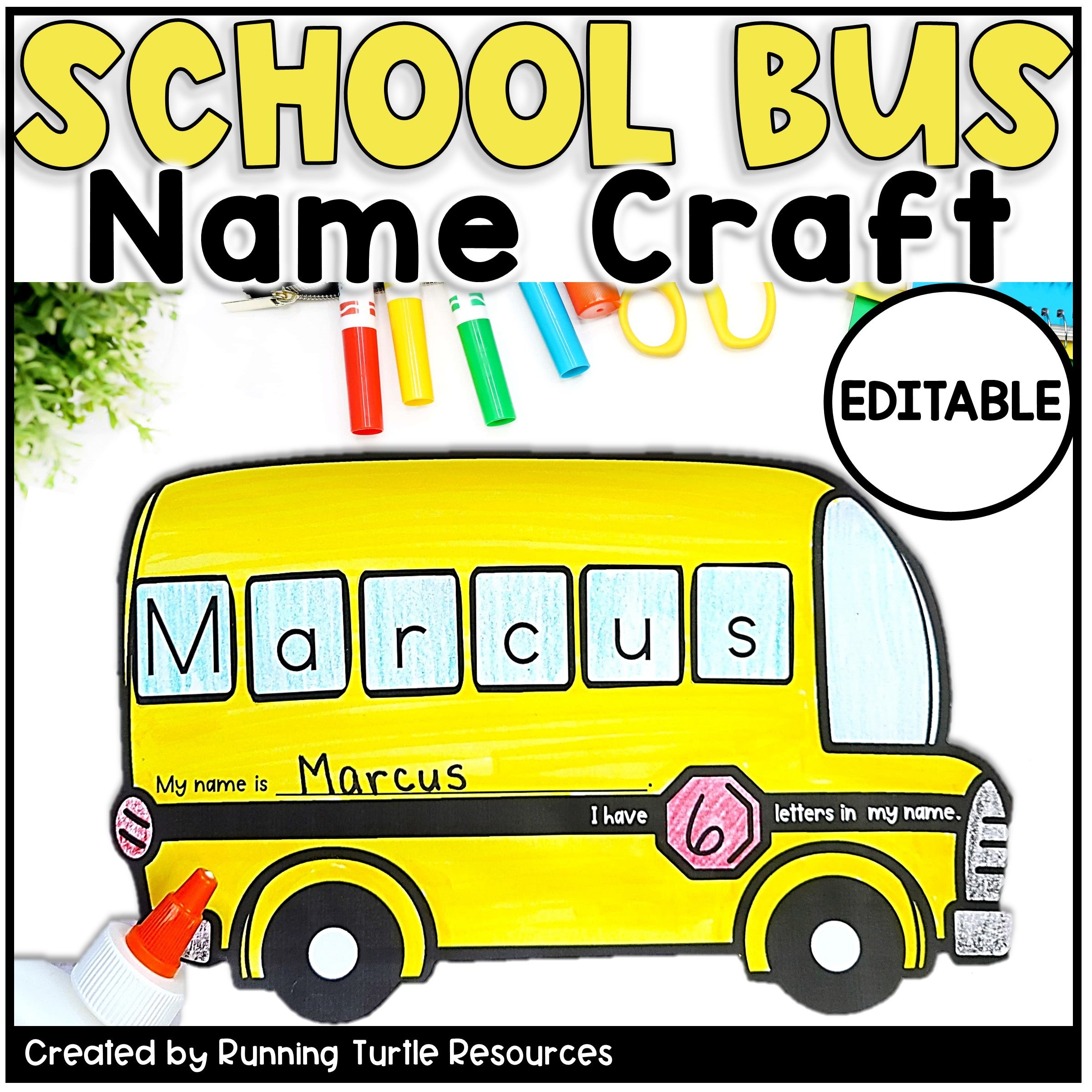 Yellow school bus name craft with 'Marcus' on a white background