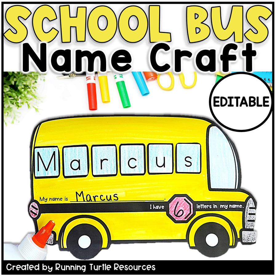 Yellow school bus name craft with 'Marcus' on a white background
