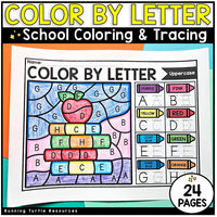 Color by letter coloring and tracing activity with uppercase letters and an apple illustration.