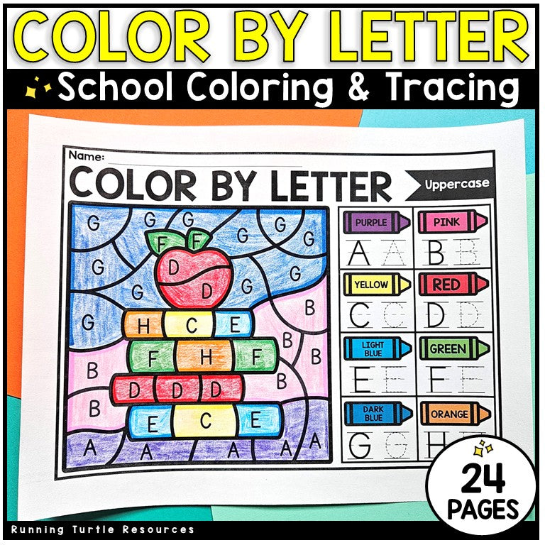 Color by letter coloring and tracing activity with uppercase letters and an apple illustration.