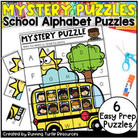 School-themed alphabet puzzles with a school bus and children illustration on a colorful background.