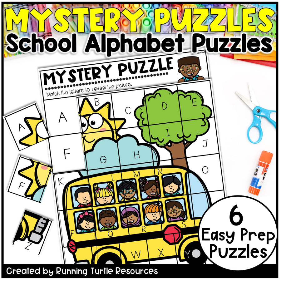 School-themed alphabet puzzles with a school bus and children illustration on a colorful background.