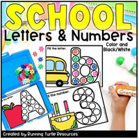 Promotional image for 'School Letters & Numbers' featuring various colorful letter and number cards, a yellow school bus, and a child using a marker. Text indicates the product is created by Running Turtle Resources.