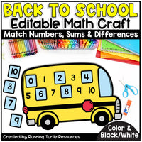 Back to school math craft with a bus and numbers, colorful crayons, and scissors on a white background.