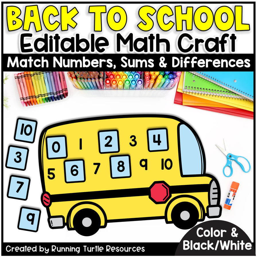 Back to school math craft with a bus and numbers, colorful crayons, and scissors on a white background.