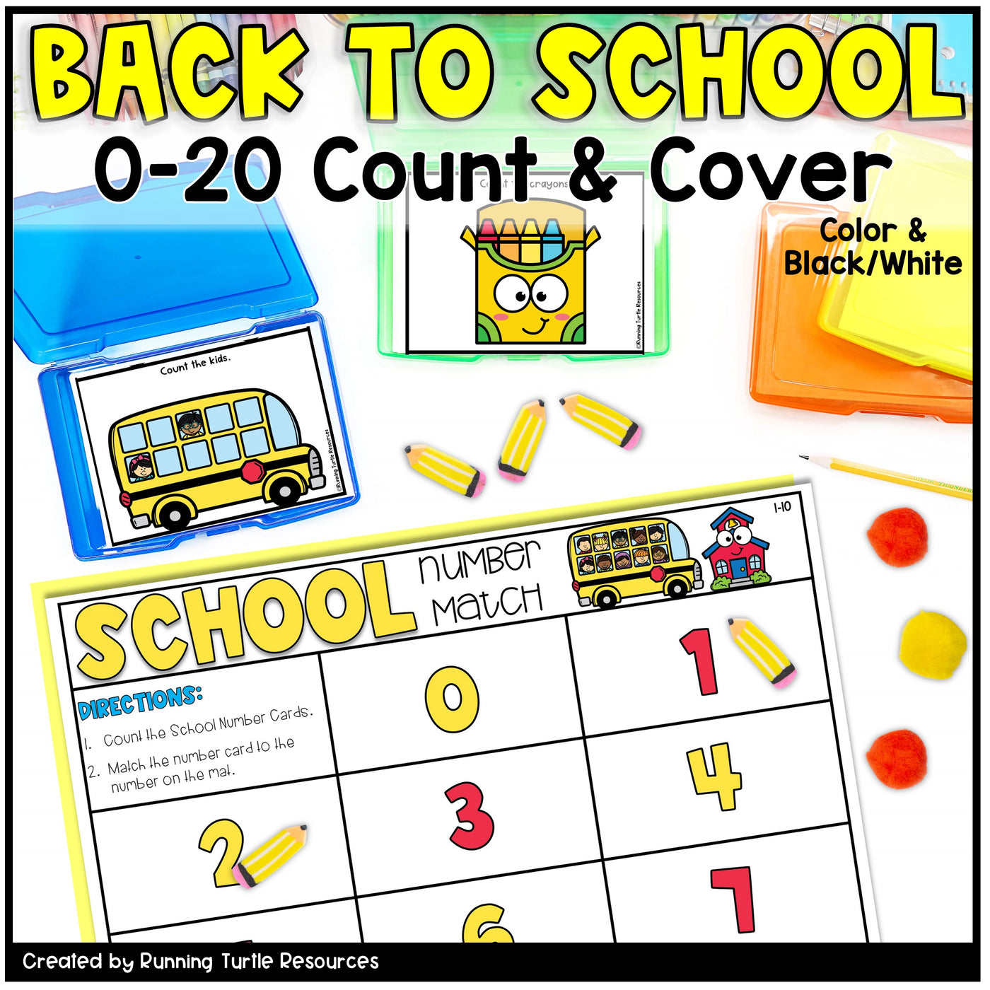 Educational materials for counting and covering with a school theme, including number cards and a bus illustration.