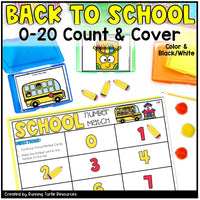 Educational materials for counting and covering with a school theme, including number cards and a bus illustration.