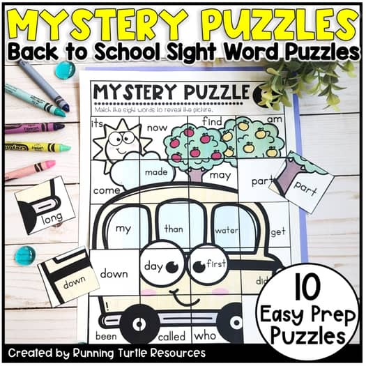 Promotional image of a sight word puzzle with a school bus and some crayons