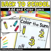 Coloring book style addition activity with various colored pencils and a summary of the task on the page.