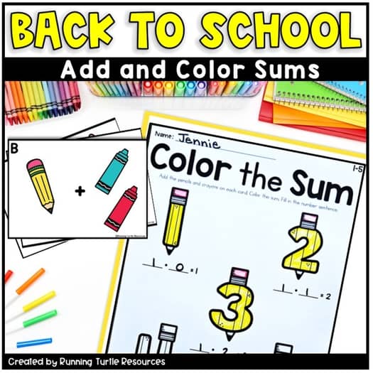 Coloring book style addition activity with various colored pencils and a summary of the task on the page.