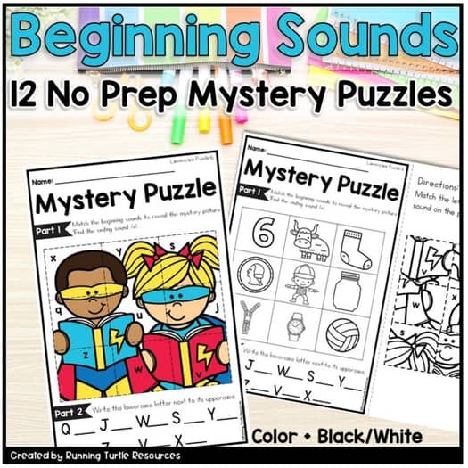 Promotional image for 'Beginning Sounds Mystery Puzzles' featuring color and black/white versions of six educational puzzles with cartoon images of children and various objects.