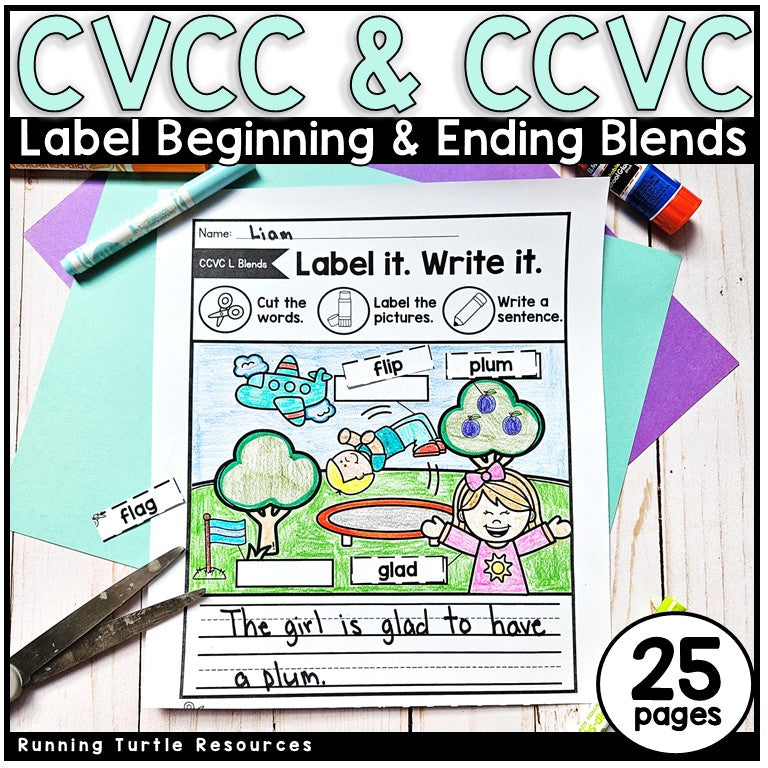 Educational worksheet for CVCC & CCVC blends with a pen, scissors, and colorful background.