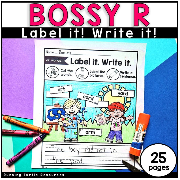 Educational worksheet for teaching 'Bossy R' with crayons and a marker on a colorful background. Cut out words for ar words appear with a glue stick and scissors.