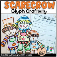 Scarecrow glyph craftivity with coloring pages and 'All About Me' form on a white background.