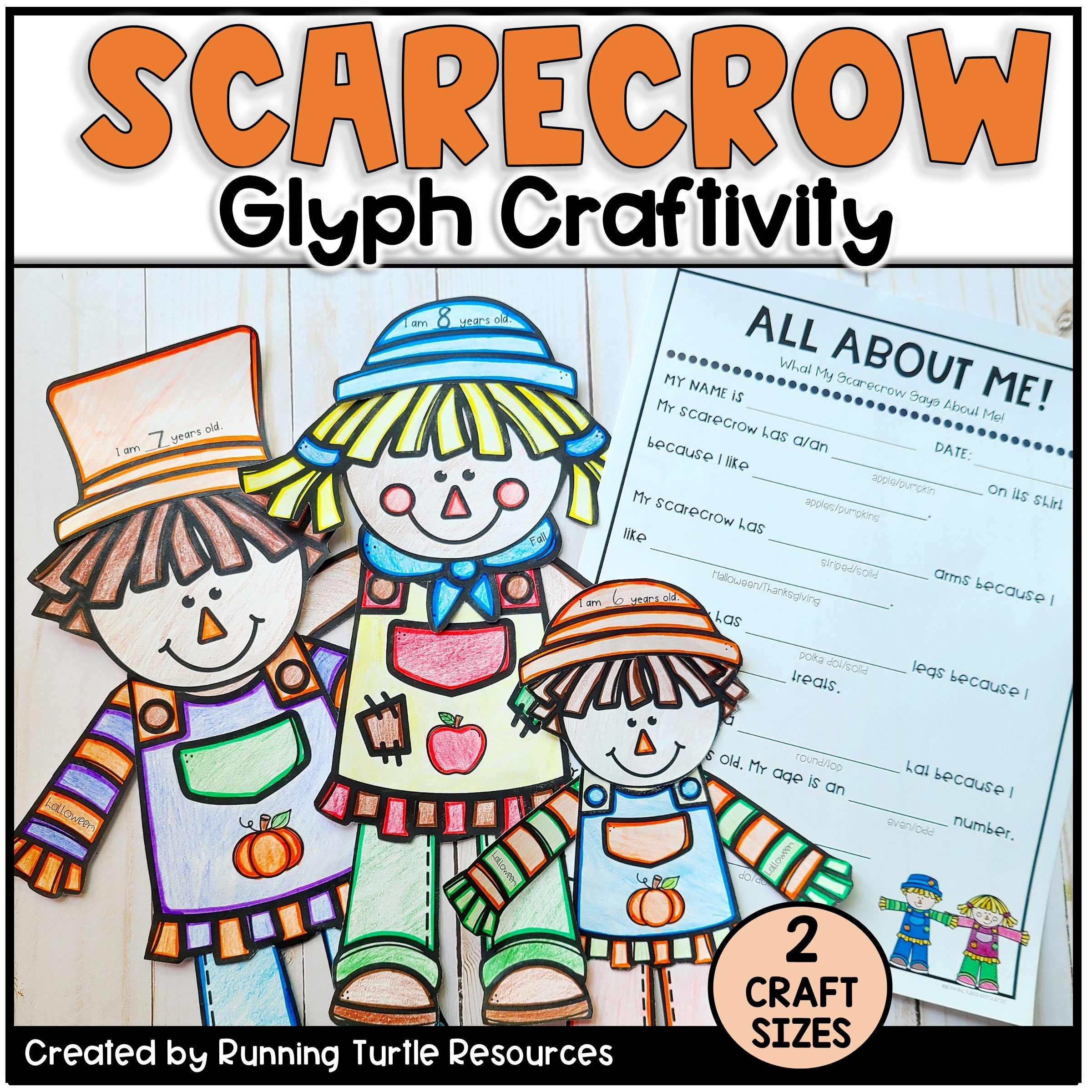 Scarecrow glyph craftivity with coloring pages and 'All About Me' form on a white background.
