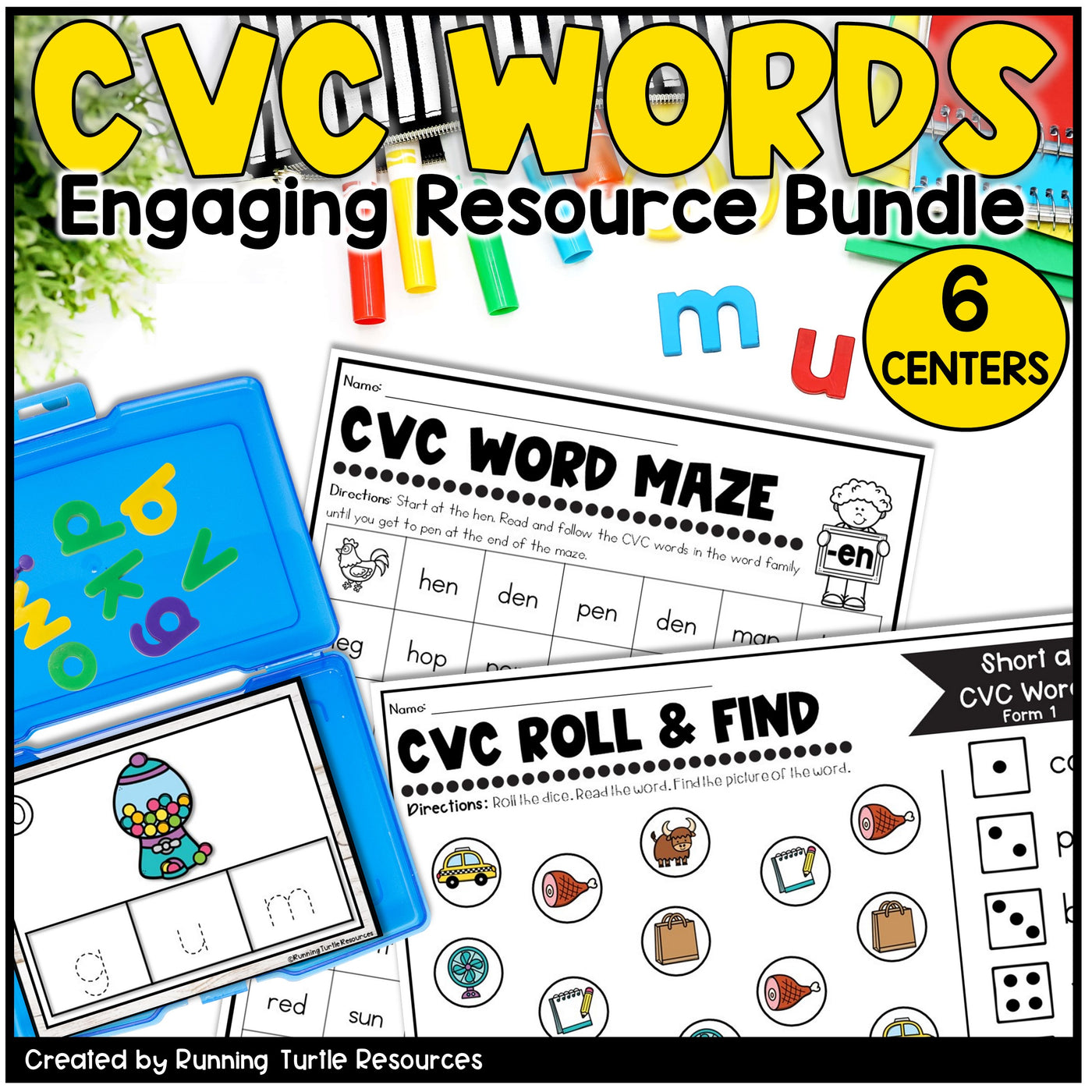 CVC Words educational resource bundle with colorful text and learning materials.