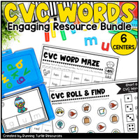 CVC Words educational resource bundle with colorful text and learning materials.