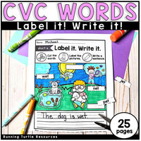 Educational worksheet for CVC words with colorful graphics and stationery items.