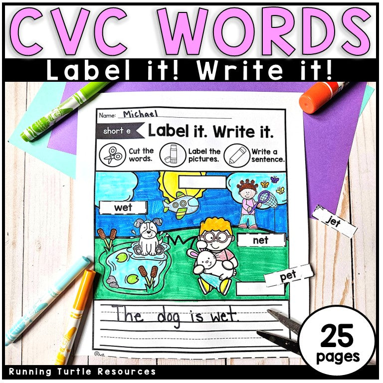 Educational worksheet for CVC words with colorful graphics and stationery items.