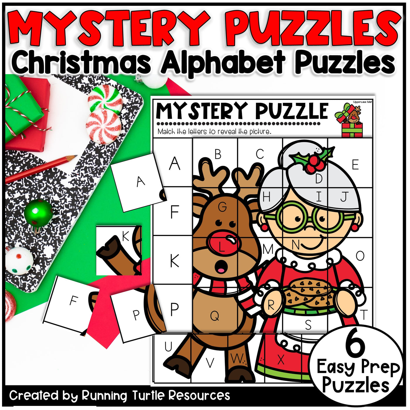 Christmas-themed alphabet puzzle with a reindeer and girl, surrounded by festive elements.