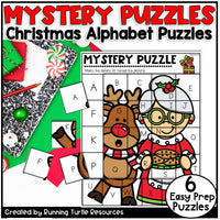 Christmas-themed alphabet puzzle with a reindeer and girl, surrounded by festive elements.
