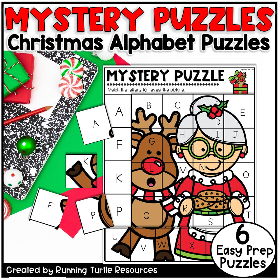 Christmas-themed alphabet puzzle with a reindeer and girl, surrounded by festive elements.
