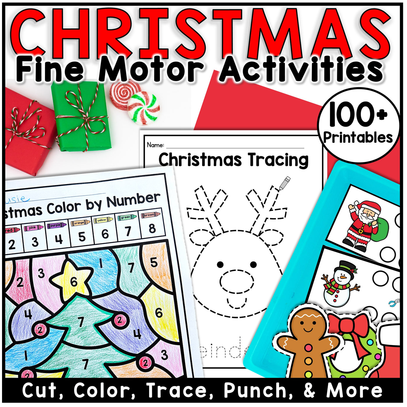 Christmas-themed educational printables with activities like tracing, coloring, and cutting.